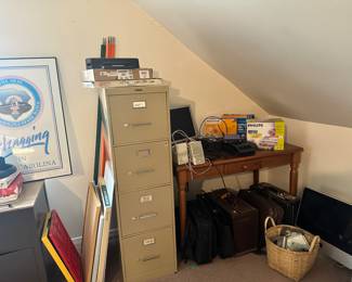 Metal File Cabinet, Wood Desk, Electronics and Monitors
