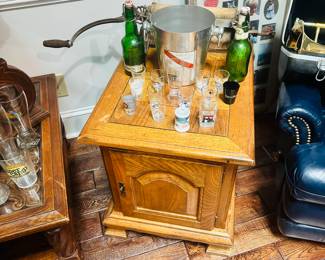 Shot Glasses, Beer Bottles, Oak End Table/Cabinet