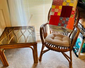 Rattan Chair and Glass Top Side Table, Hand Crafted Quilt