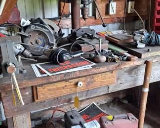 Black & Decker Saw, Drills, Tabletop 16 Speed Drill Press; Craftsman Reciprocating Saw in Case; Router in Case; Sledge Hammer; Vise and much more.