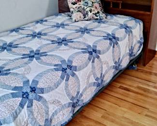 Blue & White Twin Bed Quilt; Decorative Pillows; Wood Twin Bookshelf Headboard; Twin Foundation Set Including Mattress, Box Spring & Frame