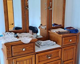 Oak Dresser with Tri-Fold Mirrors; Lace Doilies