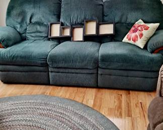Green Recliner Sofa; Decorative Pillow; Black Frame Set; Green Braided Large Area Rug