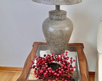 Traditional Side or End Table with Glass Top; Modern Lamp; Faux Berries; Baskets