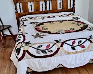 Full-Sized Bed Frame & Foundation Set including Mattress & Box Spring; Decorative Headboard with Spindle Detailing; Full Size/Queen Sized Quilt; Wood Side Chair