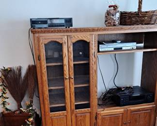 Oak Wood Entertainment Cabinet; Assorted Electronic; Wood Magazine Rack; Baskets; Silk Flowers, etc.
