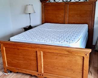 Wood & Metal Decorative Queen Bed Frame (has slots for both Queen & Full Size Foundations; Foundation Set here includes Full Size Mattress & Box Spring; Lamp; Night Stand