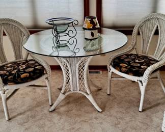 3 Piece White Wicker Dinette Set with Glass Topped Table, Two Chairs with Cushions; Glass & Iron Table Decor and more!