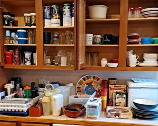 Assortment of Kitchen Equipment; Ice Cube Trays; Rubbermaid Storage Containers; Corelle Dinnerware Set; Glasses; Mugs; and much, much more!