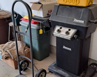 Vintage JEEP radio; hand truck; Ducane Propane Grill; Storage Tubs and much more