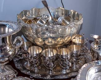 Silver Plate Punch Bowl with 30+ cups