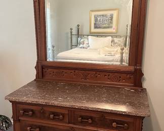 Beautiful Antique Eastlake Carved Marble Top Dresser with Beveled Mirror