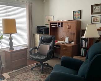 Broyhill recliner, office chair, pine office cabinet, lamp and computer desk. 