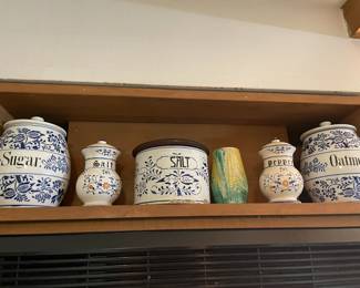 Flow blue oatmeal, sugar and salt canisters from Germany.
