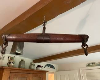 Antique farm harness plow singletree horse oxen wood & iron crossbar cart yoke.