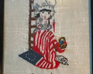 Vintage Betsy Ross OUCH! framed needle point picture.