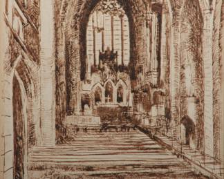 Unknown, (19th century), Gothic Cathedral Church interior, signature in pencil partly visible in the lower left corner. 10 1/4"H x 8 1/2"W (sight), 16"H x 13 3/4"W (frame)
