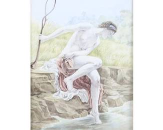 Thomas Watson Gill, British (1854-1934), female nude bather, Pre-Raphaelite style scene painting, watercolor on paper, 15 1/2"H x 9 1/2"W (image), 21"H x 15"W (frame)