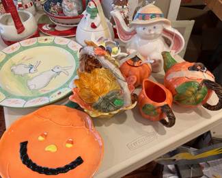 Holiday teapots, plates, candy dishes.