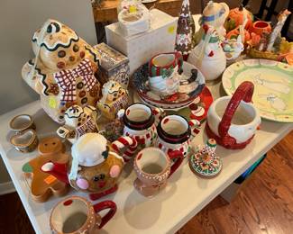 Gingerbread cookie jar, sugar and creamer set, cocoa pot with mugs. 