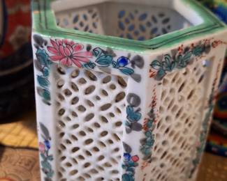 Oriental Hexagonal  Reticulated Porcelain Cricket Jar/Cage
