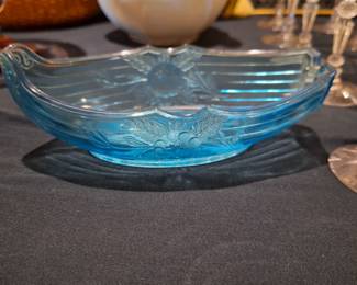EAPG Campbell Jones Rose Spring Relish Bowl Boat Blue Pressed Glass circa 1886