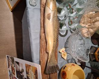 hand carved fish plaque and glassware