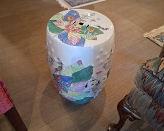 Vintage Lillian Grey Chinoiserie Deco Tobacco Leaf Garden Seat