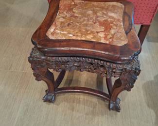 Antique Chinese Carved Rosewood Pedestal Stand End Table with Marble Top