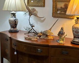 Sideboard, Boehm collectibles, and table lamps