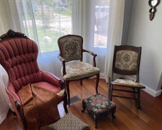 Antique chairs, rocker and foot stools