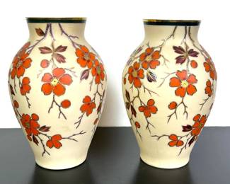 Matching hand painted glass vases, possibly by Porschinger of Germany