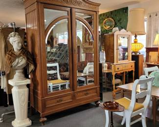 Antique armoire closet, concrete pedestal/plant stand