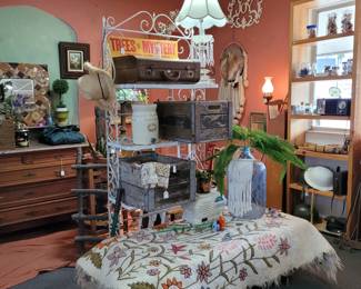 Antique crystal table lamps, woven wool rug, LANE Vintage coffee table, antique dressers...all 20% off Saturday inside
