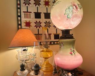 Antique lanterns and Gone With the Wind style hand painted hurricane lamp, in working condition 