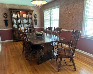 Vintage solid walnut dining room table, chairs and China cabinet 