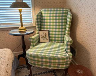 Fun green and blue preppy vintage plaid wingback chair 