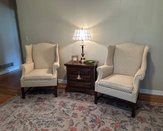 Vintage neutral patterned Hickory Chair Co wingback chairs 