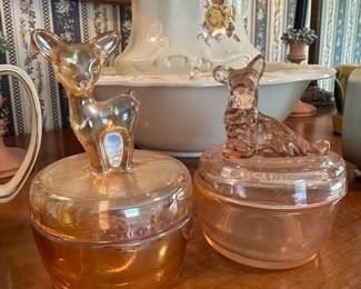 1940s Jeanette Glass marigold carnival glass deer box and pink glass Scottie dog trinket boxes 