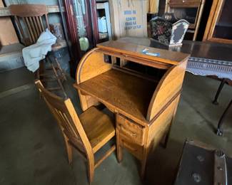 Antique wooden secretary roll top desk and chair