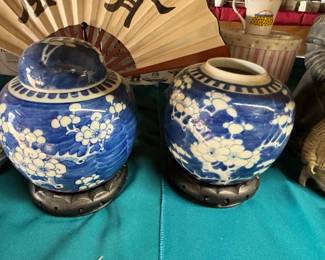Vintage porcelain blue and white Chinese cherry blossoms ginger jars