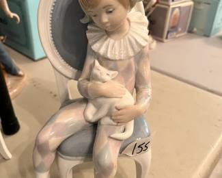 #155	Lladro 1229 "Daisy young Harlequin Boy Sitting  on Chair w/Cat - Made in Spain - 10" Porcelain Figurine 	 $75.00 
