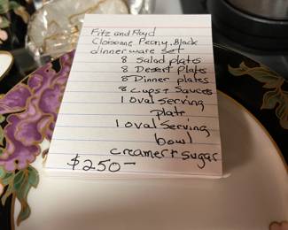 #318	Fitz and Floyd Cloisome Peony Black Dinnerware set 36 Pieces	 $250.00 
