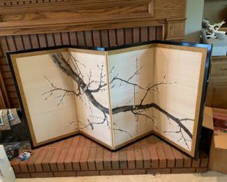 #67	Asian 4 panel Silk Screen - 18.5x36 w/brass Accents 	 $125.00 
