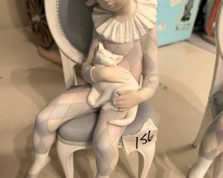 #156	Lladro 1229 Matte Harlequin Jester Boy Sitting on Chair w/Cat. 10.5"T	 $75.00 


