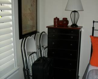 Black Wood top 5 Drawer Dresser ; set of 4 Folding chairs ; Suitcase