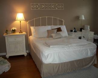 QUEEN Painted White Metal Headboard and frame ;  Off White 1 drawer and 2 door Nightstand