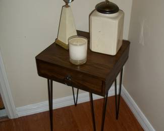Small Wood side Table with metal legs ; Decor items.