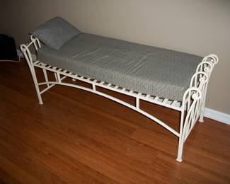 Painted White Wrought Iron Bench seat with cushion.