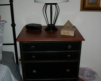 100 0123 Black with Wood top 3 Drawer Nightstand ; 1 of 2 Table lamp(s)